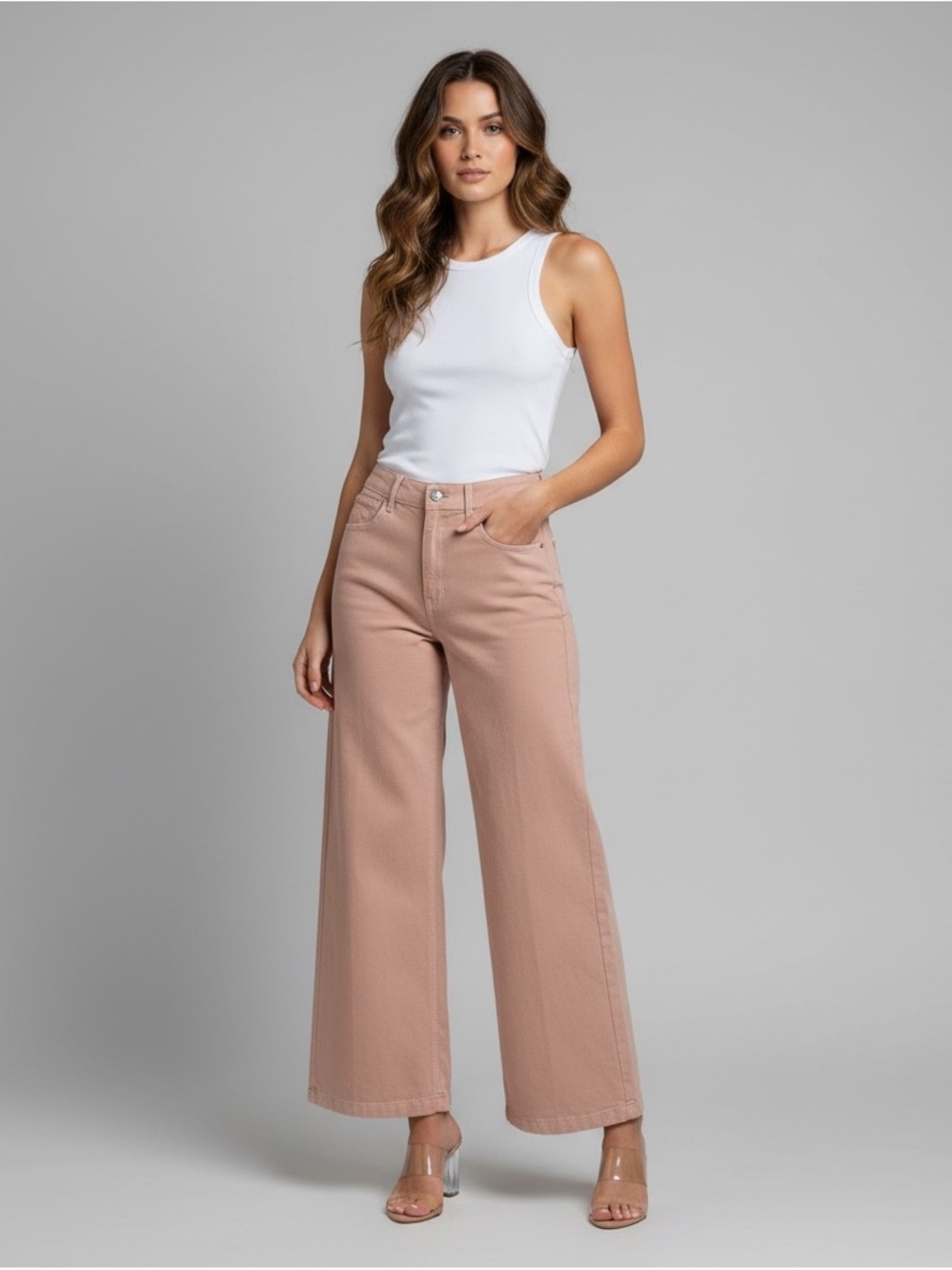 NWT Etica Devon High Rise Wide Leg Jeans Beige Blush Pink Straight Denim Size 29